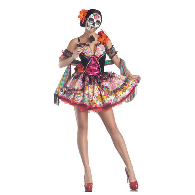 Women Sexy Sugar Skull Flower Fairy Halloween Ghost Vampire Bride Fancy Dress Skeleton day of The Dead Carnival purim Costume alx