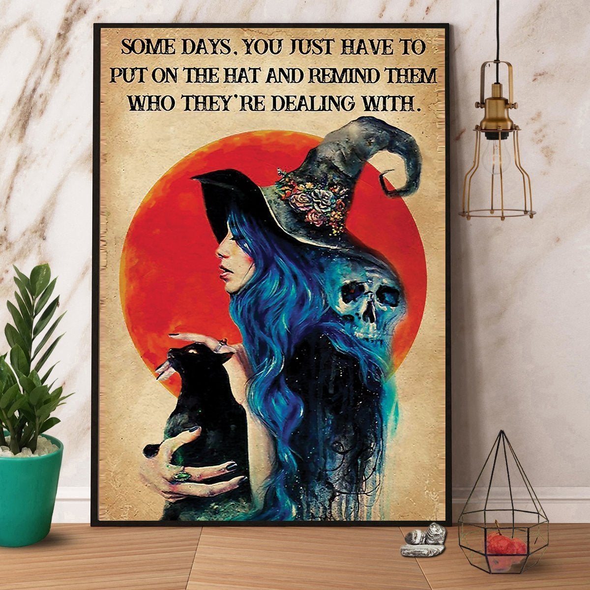 Witch And Black Cat Put On The Hat And Remind Them Halloween Poster Canvas Wall Decor Visual Art Withch Decor