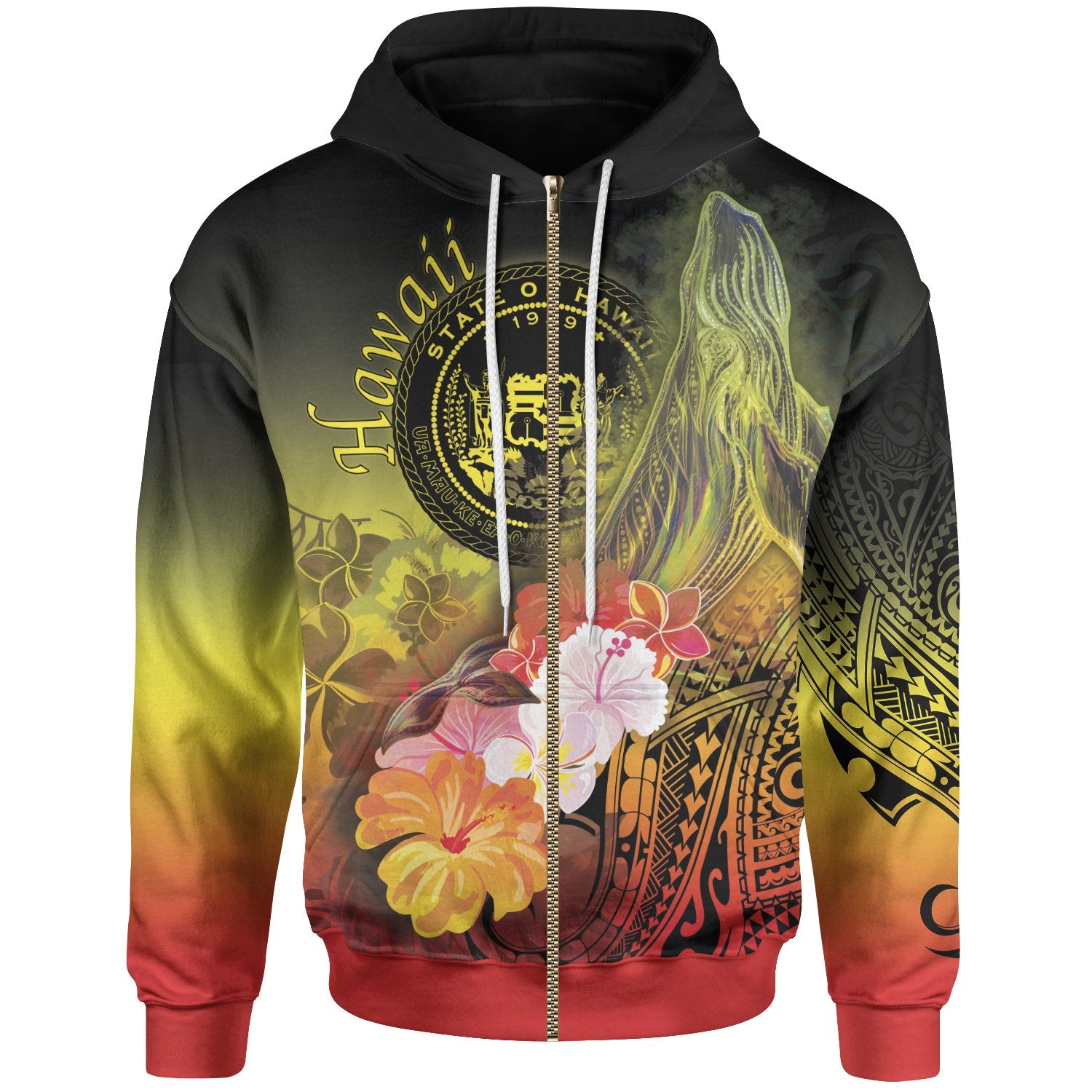 Polynesian Hawaii Zip-Up Hoodie – Humpback Whale With Tropical Flowers (Yellow)