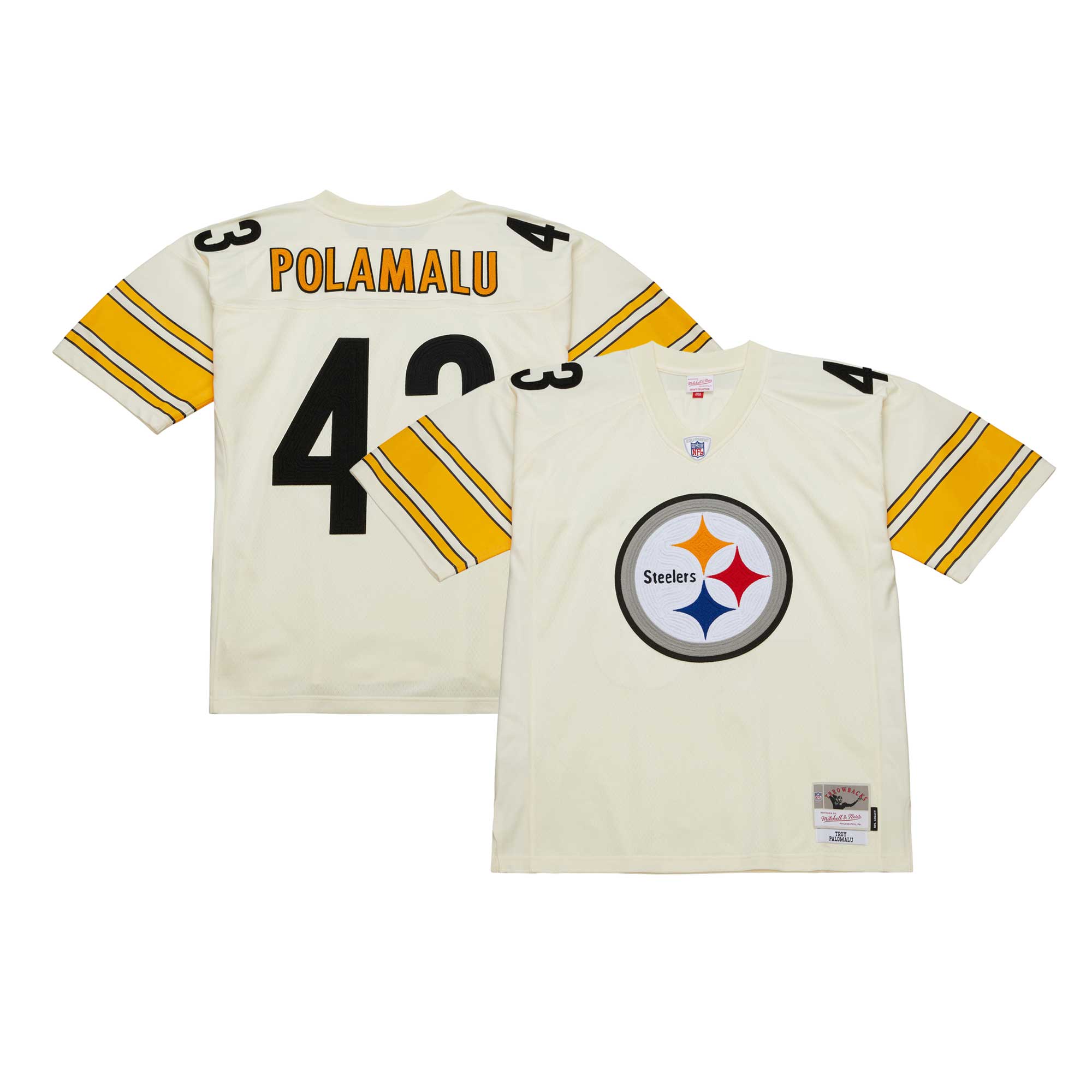 Troy Polamalu Pittsburgh Steelers Mitchell & Ness Chainstitch Legacy Jersey – Cream