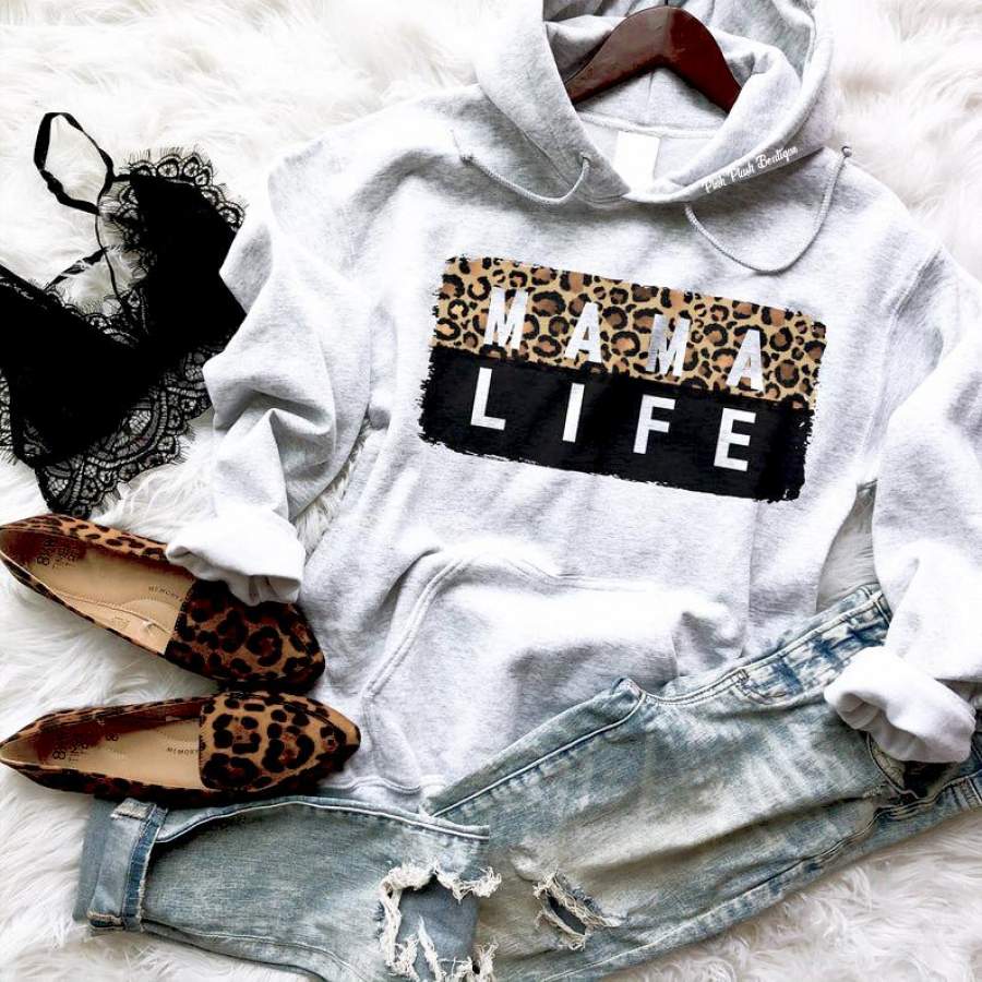 “MAMA LIFE” LEOPARD Hooded Sweatshirt