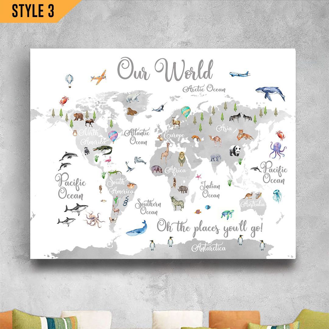 Animal World Map Multicolor To Animal Lover Green Gray Horizontal Canvas Wall Art Home Decor