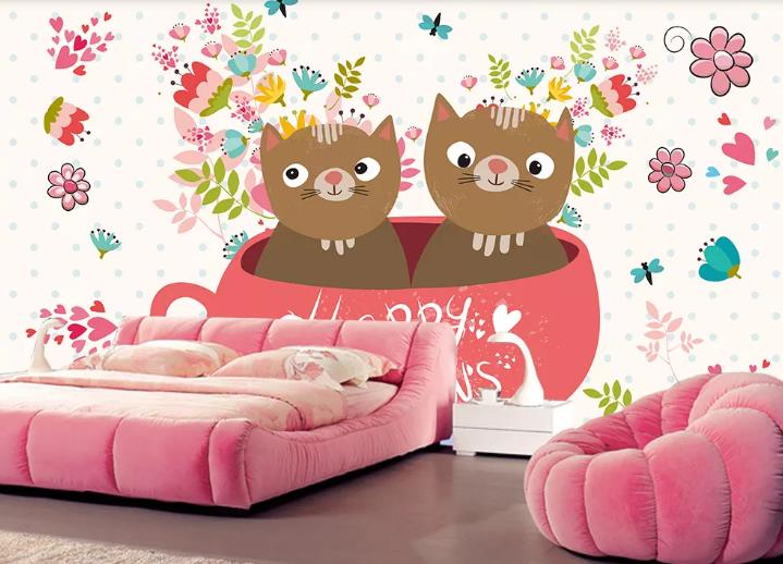 3D Cartoon Animal Cat Floral Wall Mural Wallpaper Lqh 359