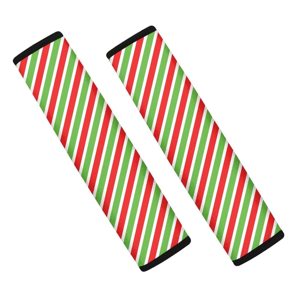 Red Green And White Candy Cane Print Car Seat Belt Covers