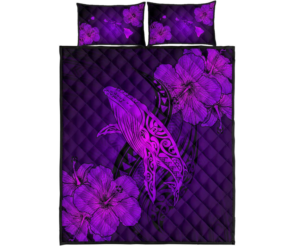 Hawaiian Whale Swim Hibiscus Polynesian Quilt Bedding Set – Purple