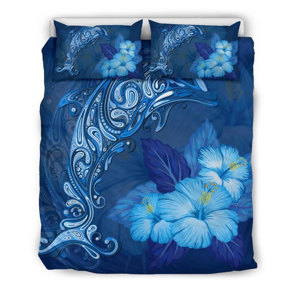 Alohawaii Bedding Set – Cover And Pillow Cases Hawaiian Dolphin Hibiscus Tropic Blue Polynesian – Ah – J4