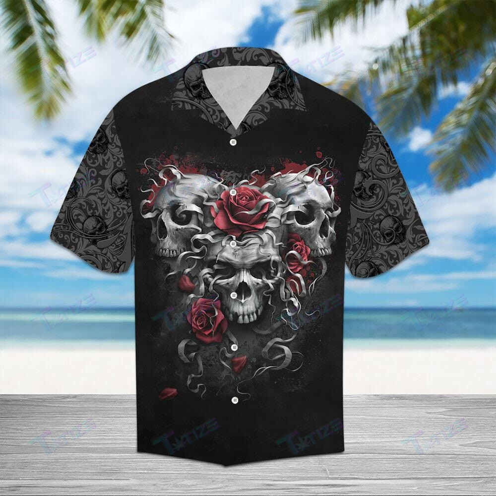 Scary Trio Skull Red Rosess All Over Printed Hawaii Shirt Size S Ha47167