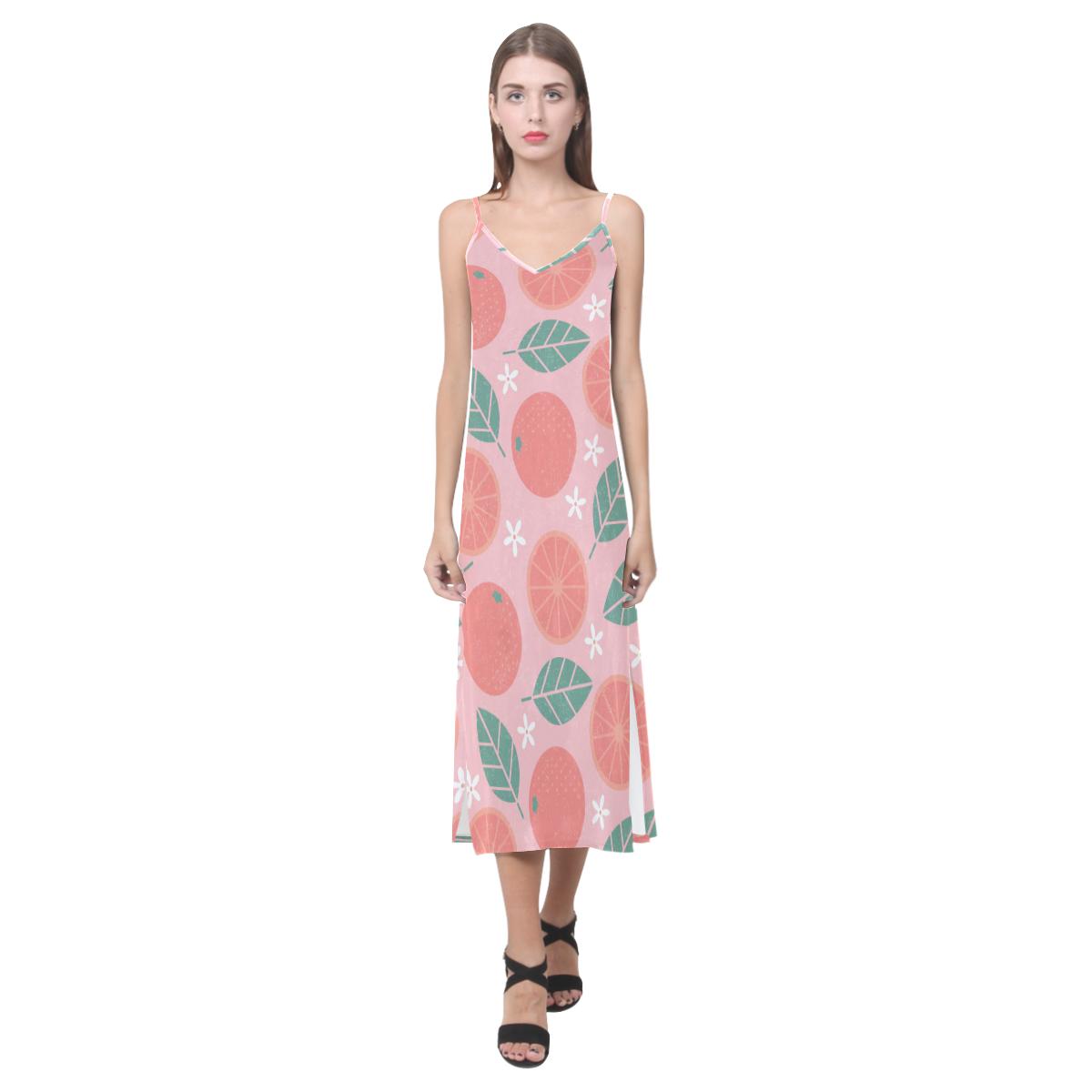 Grapefruit leaves flower pink background V-Neck Open Fork Long Dress