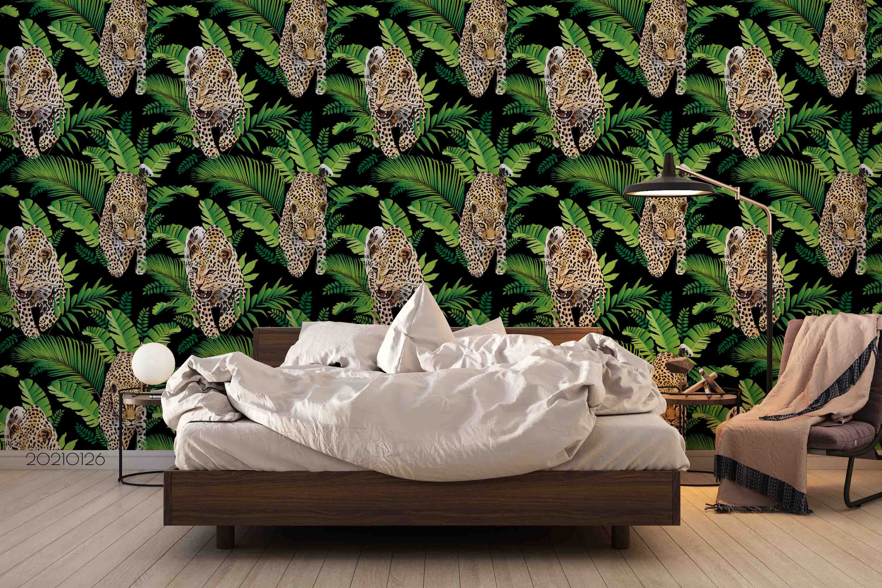 3D Tropical Green Leaf Animal Leopard Wall Mural Wallpaper Lqh 27