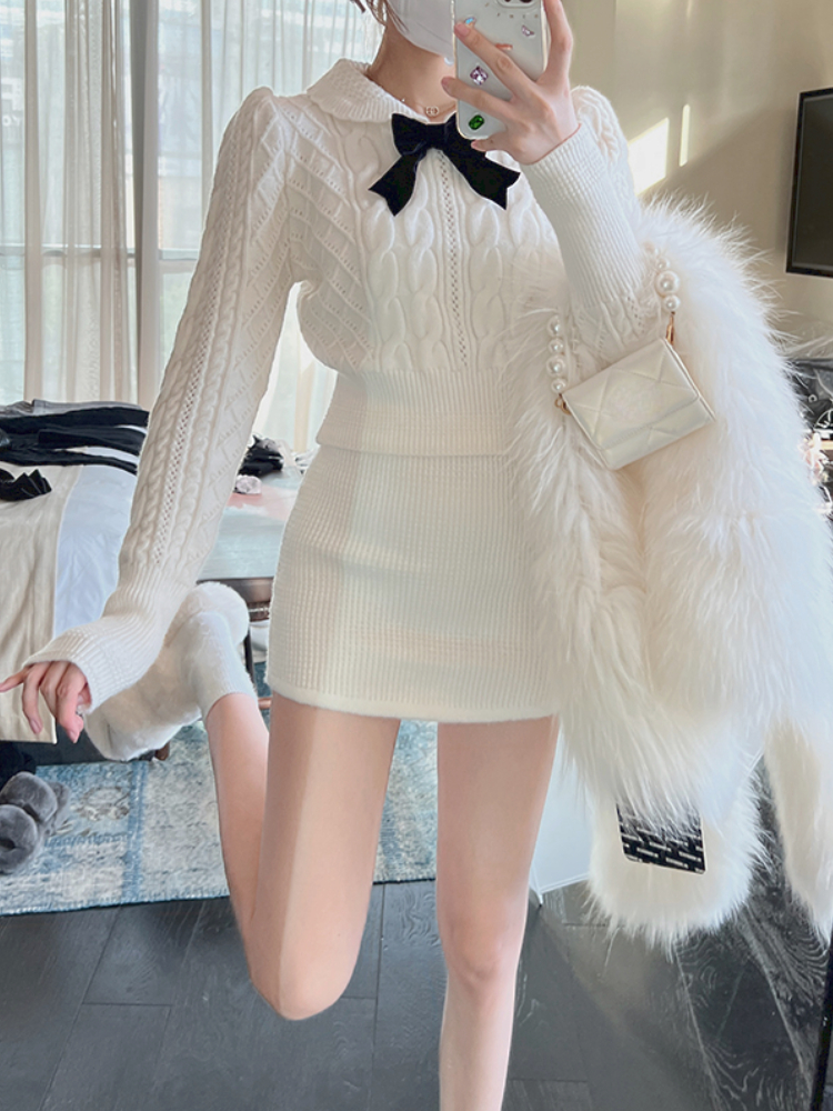 2 Piece Dress Set 2022 Korean Office Lady Outfit Kawaii Full Sleeve Short Knitted Sweater Vintage Slim Mini Punk Skirts Suits alx