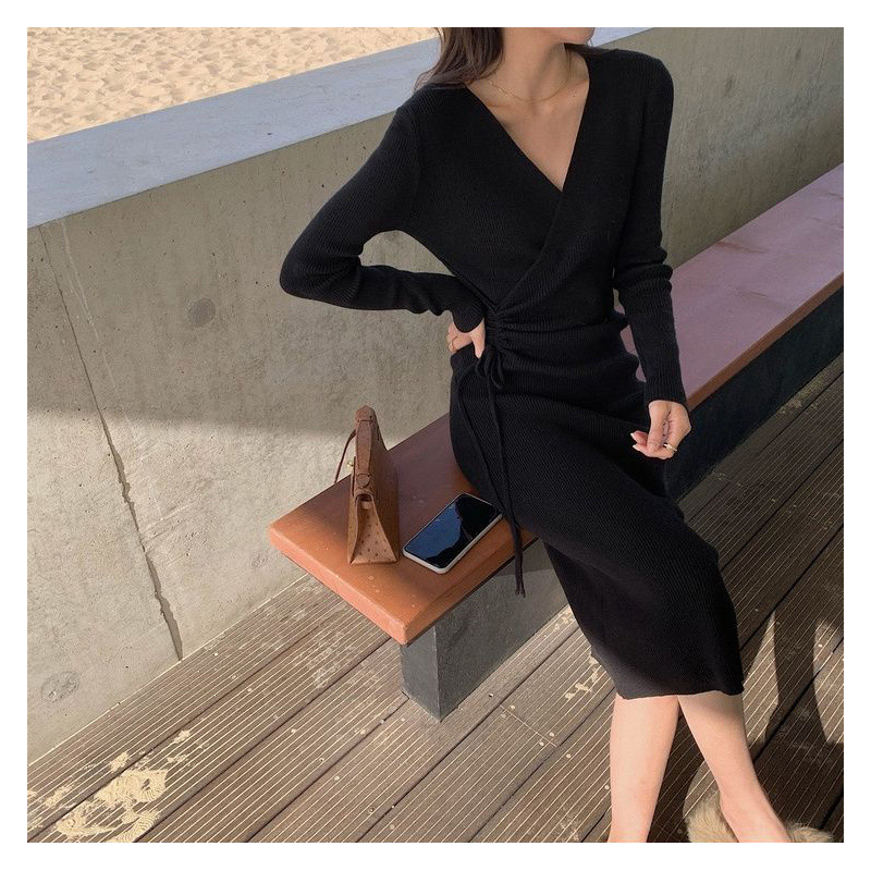 2022 Autumn Winter Elegant Sexy V Neck Ruched Bodycon Basic Dresses for Women Solid Long Sleeve Knitted Sweater Midi Dress Robe alx