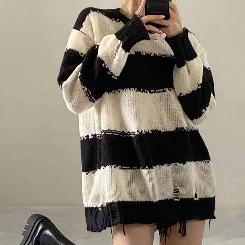 Women’s Round Neck Sweater Loose Long Sleeve Pullover Korean Stripe Knitwear Autumn and Winter Women’s Sweater Wholesale alx