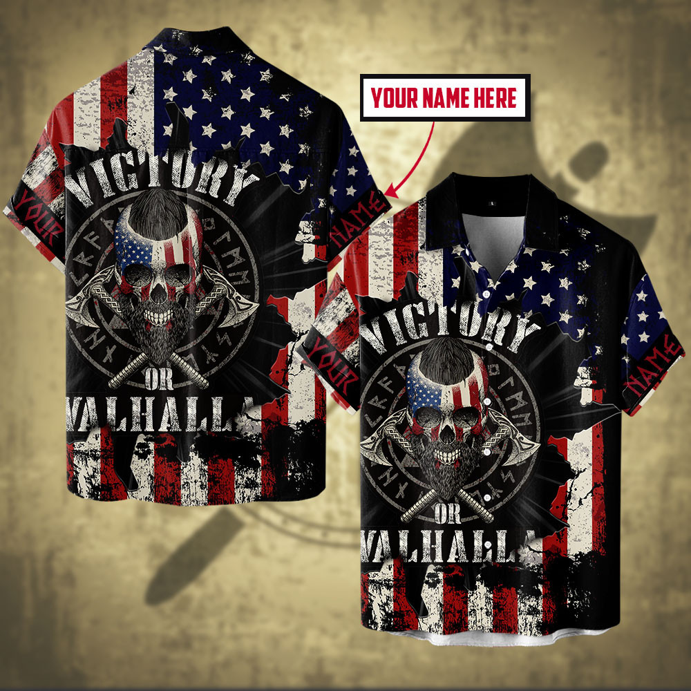 American Viking Cracked Flag Victory Or Valhalla Skull Customized All Over Print Hawaiian Ha34436