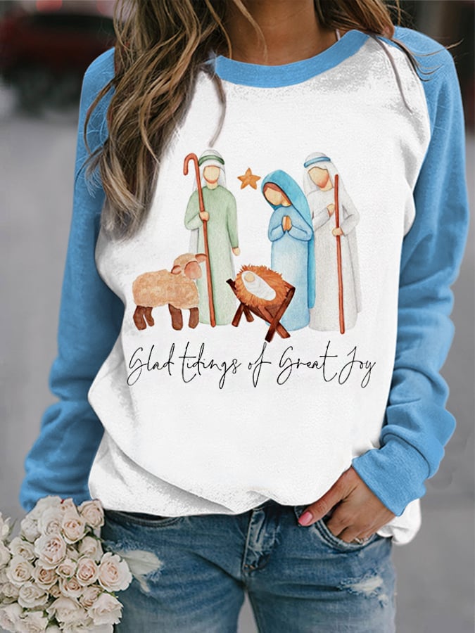 Women’S Christmas Glad Tidings Of Great Joy Nativity Print Casual Sweatshirt