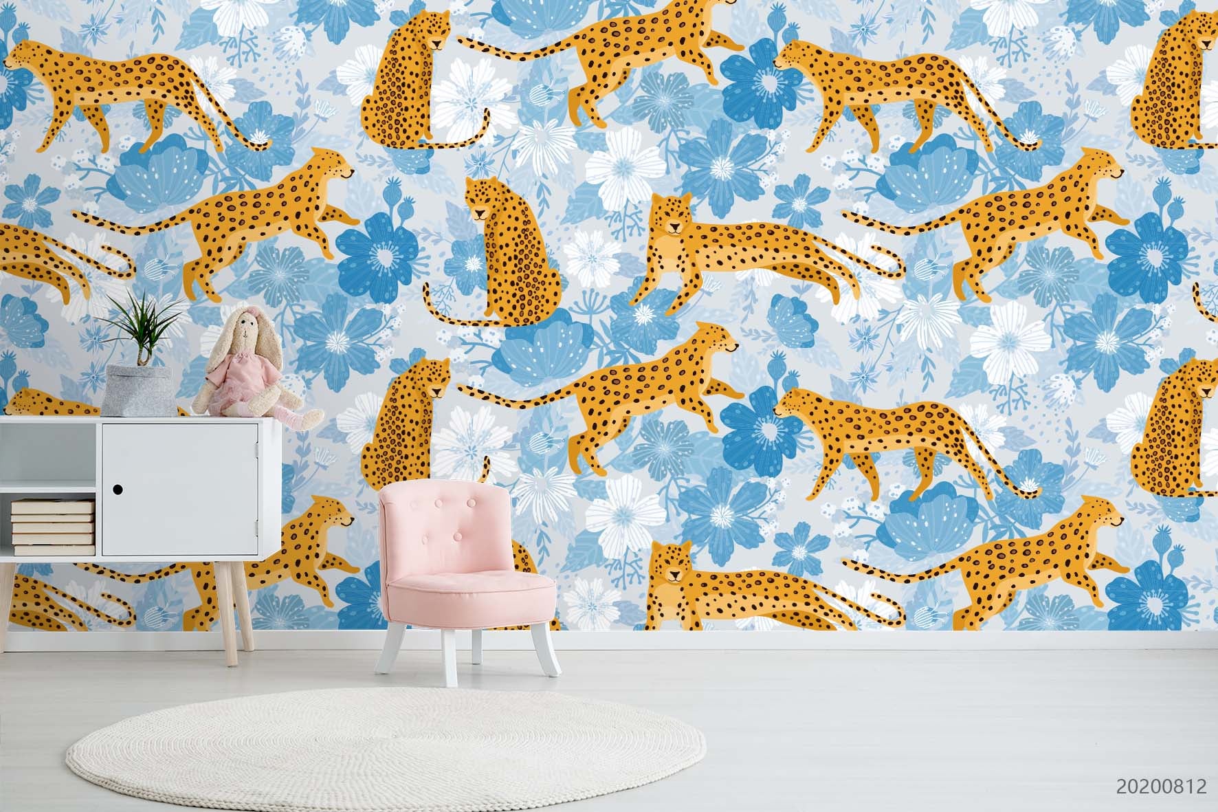 3D Hand Sketching Colorful Blue Floral Leopard Wall Mural Wallpaper Lxl 1094