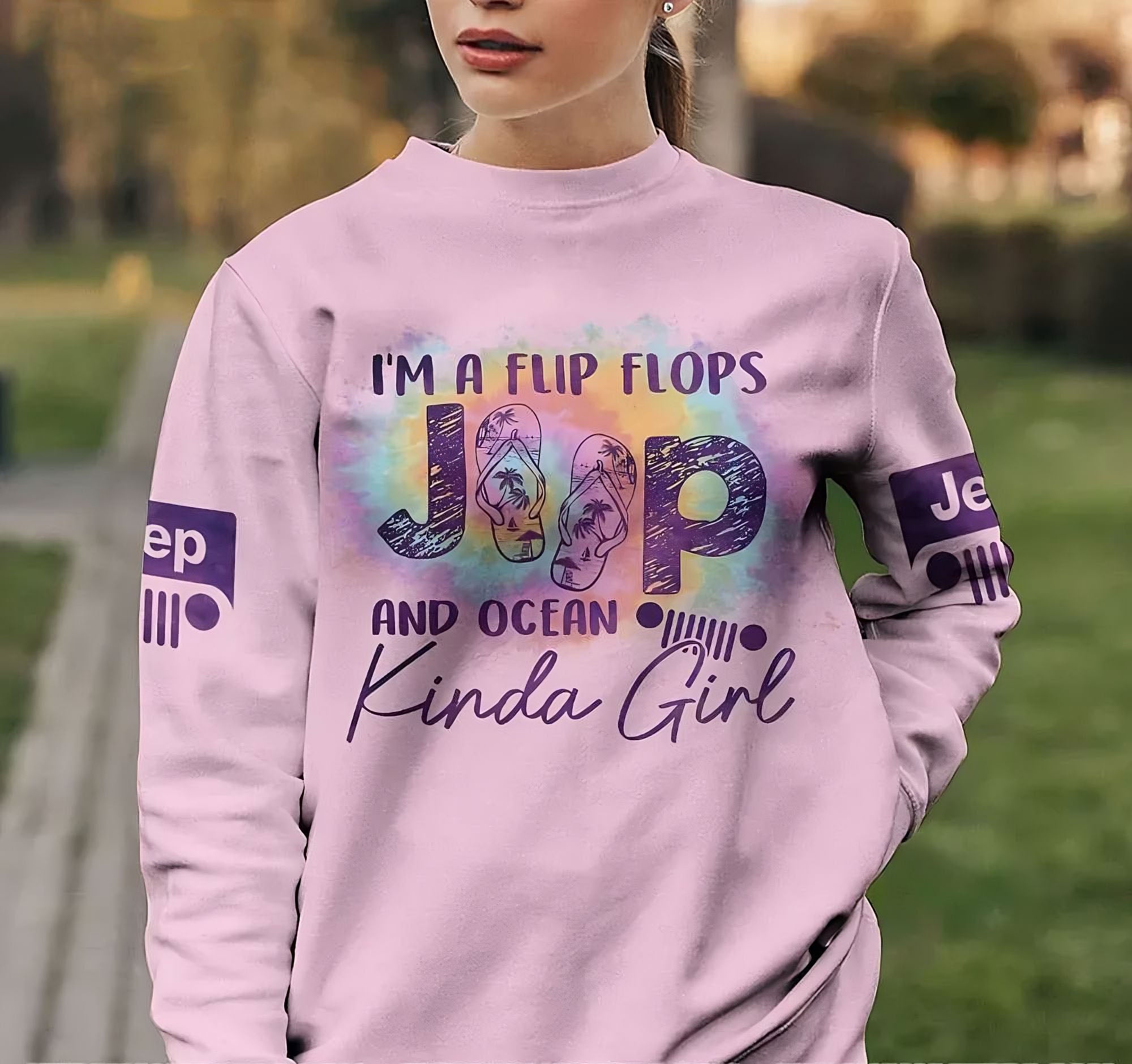 I’M A Flip Flops Jeep And Ocean Kinda Girl Pastel All Over Print Sweatshirt