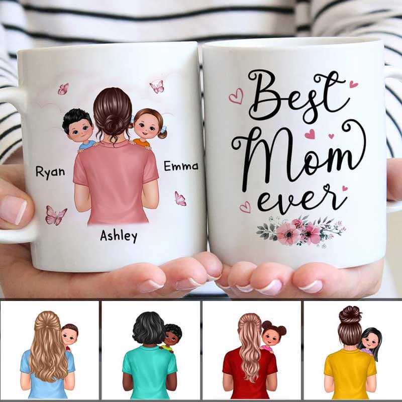 Best Mom Ever Woman Carrying Kids On Shoulder Personalized Mug