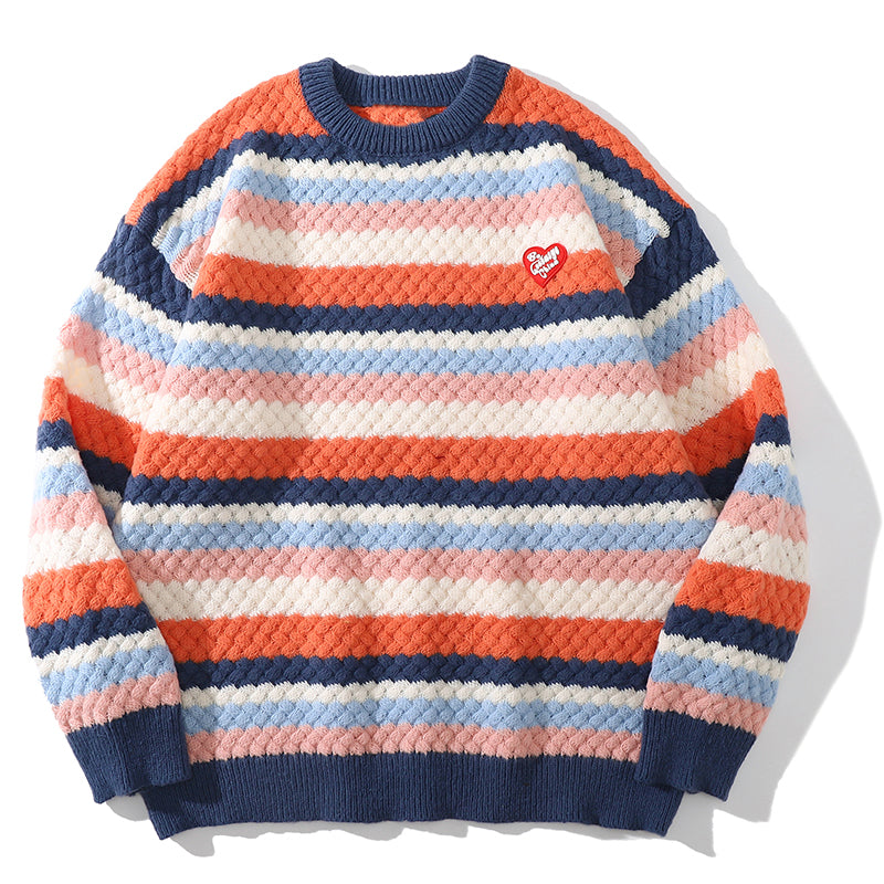 Cable Knit Crewneck Sweater Patchwork Color