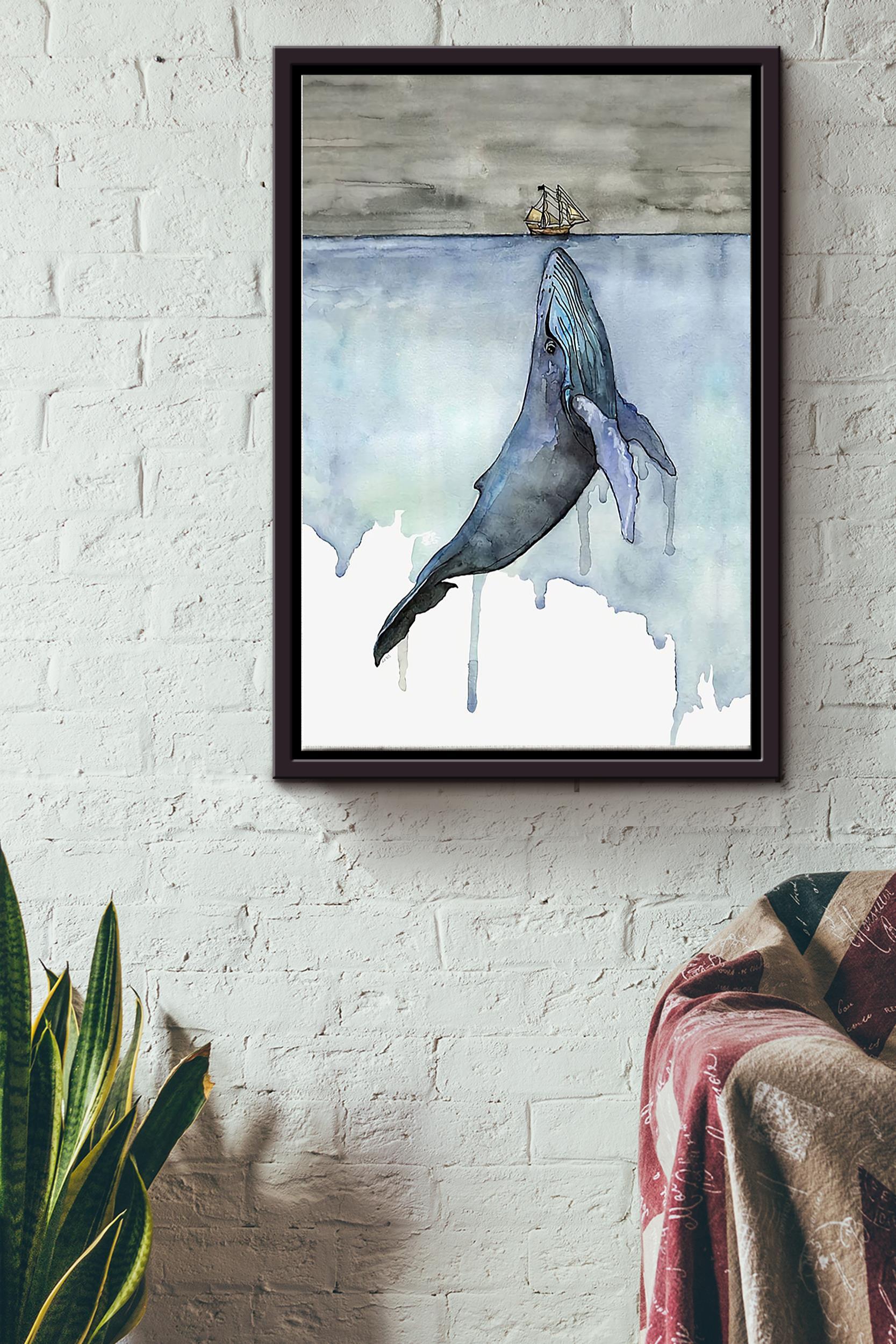 Whale With The Boat In The Ocean Poster Framed Matte Canvas