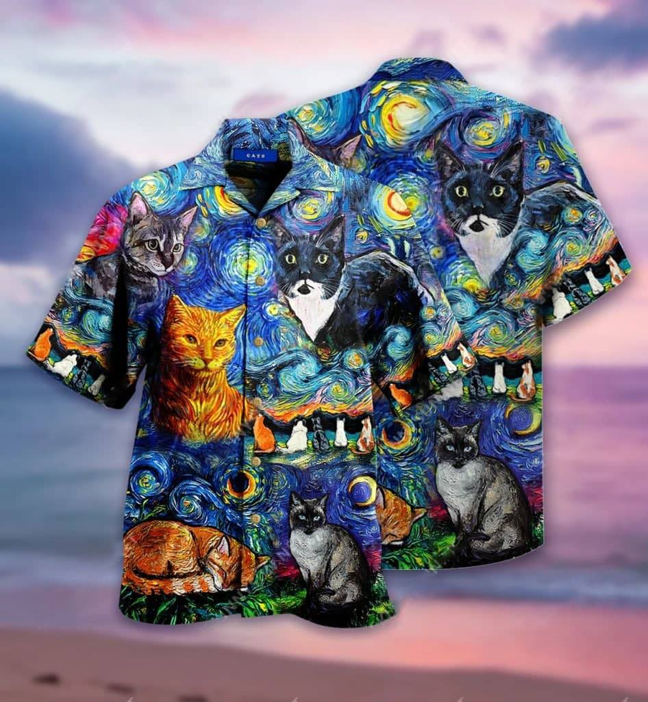 Amazing Starry Night Cat Unisex Hawaiian Shirt Pre10202