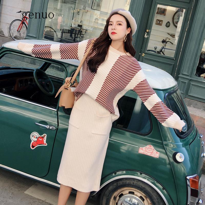 Autumn Spring Knitted Set Womans Suits Thick Loose Plaid Sweater + Pencil Skirt Set For Women Suit Clothing 2 Piece Set Knit alx