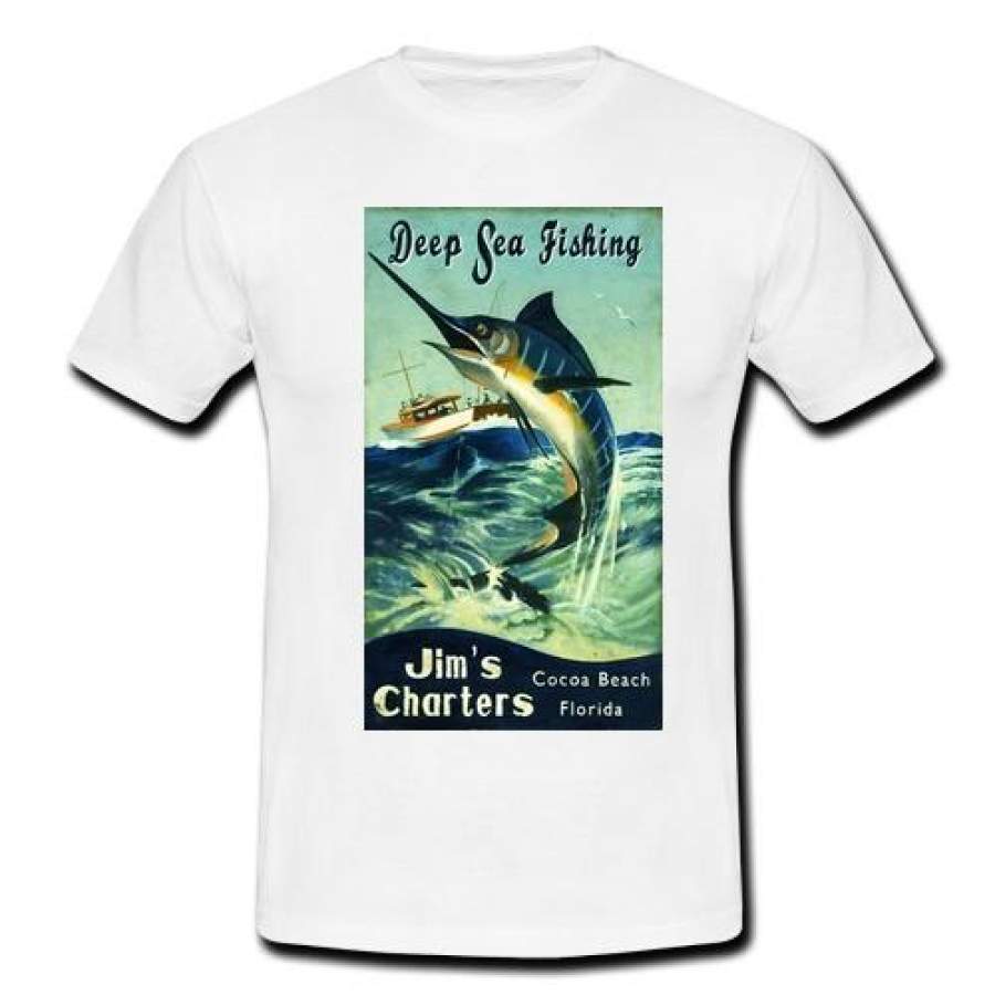 Deep Sea Fishing Marlin Fish Boat Charter Mens Retro Vintage T-Shirt Tees