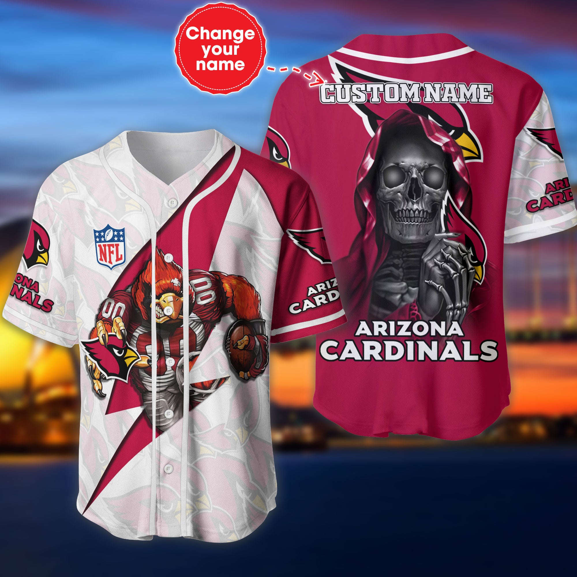 Arizona Cardinals Baseball Jersey Skull Custom Name