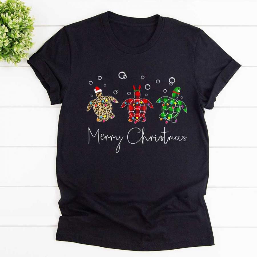 Turtle merry christmas love ocean red plaid leopard black cotton t shirt for men and women S-6XL