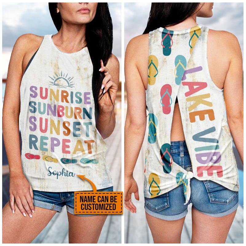 Lake Boat Sunrise Sunburn Custom Tie-Breaker Sleeveless Top, Pontoon, Summer Tank Top, Summer Tanks, Lake Tshirt