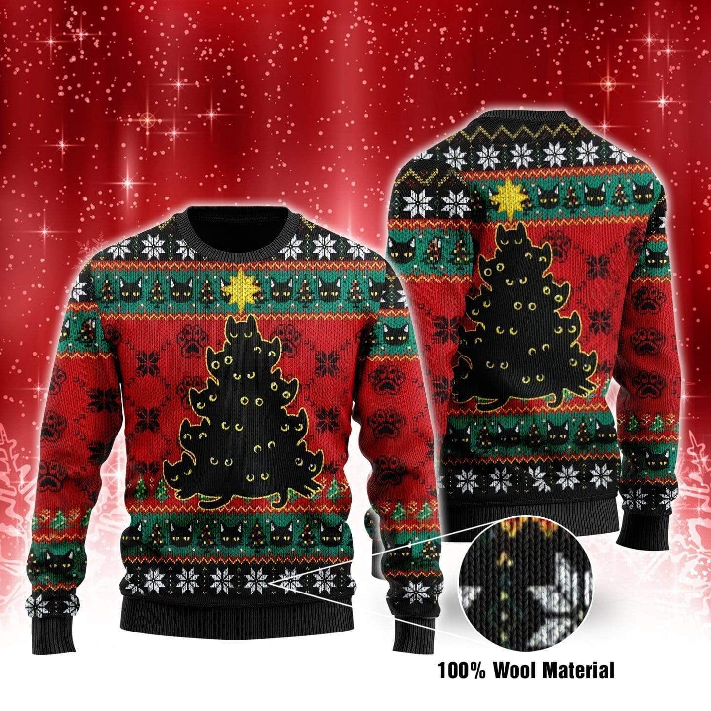 Unifinz Cat Ugly Christmas Sweater Black Cat Christmas Tree Cat Paws Pattern Black Sweater 2022