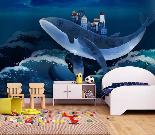 3D Blue Wave Shark Castle Wall Mural Wallpaper 2367