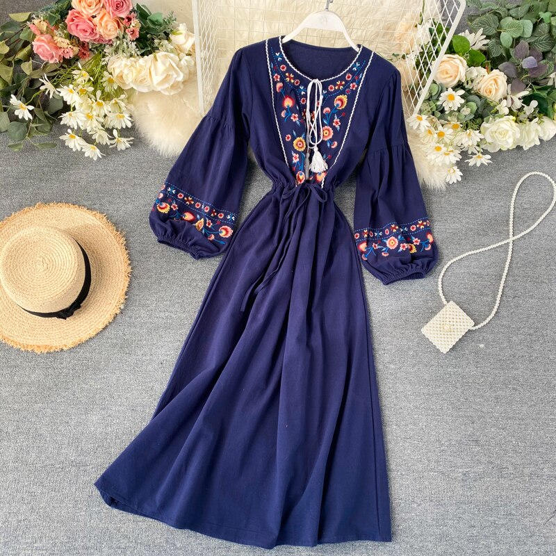 Vintage flower embroidery Dress Holiday Women’s Maxi Sundress 2022 Casual long Sleeve Summer Vestidos Female O Neck Floral Robe alx