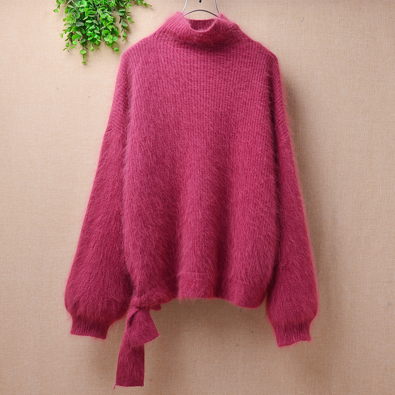 ladies women Korean style hairy angora rabbit fur knitted long lantern sleeves winter autumn pullover mink cashmere jumper pull alx