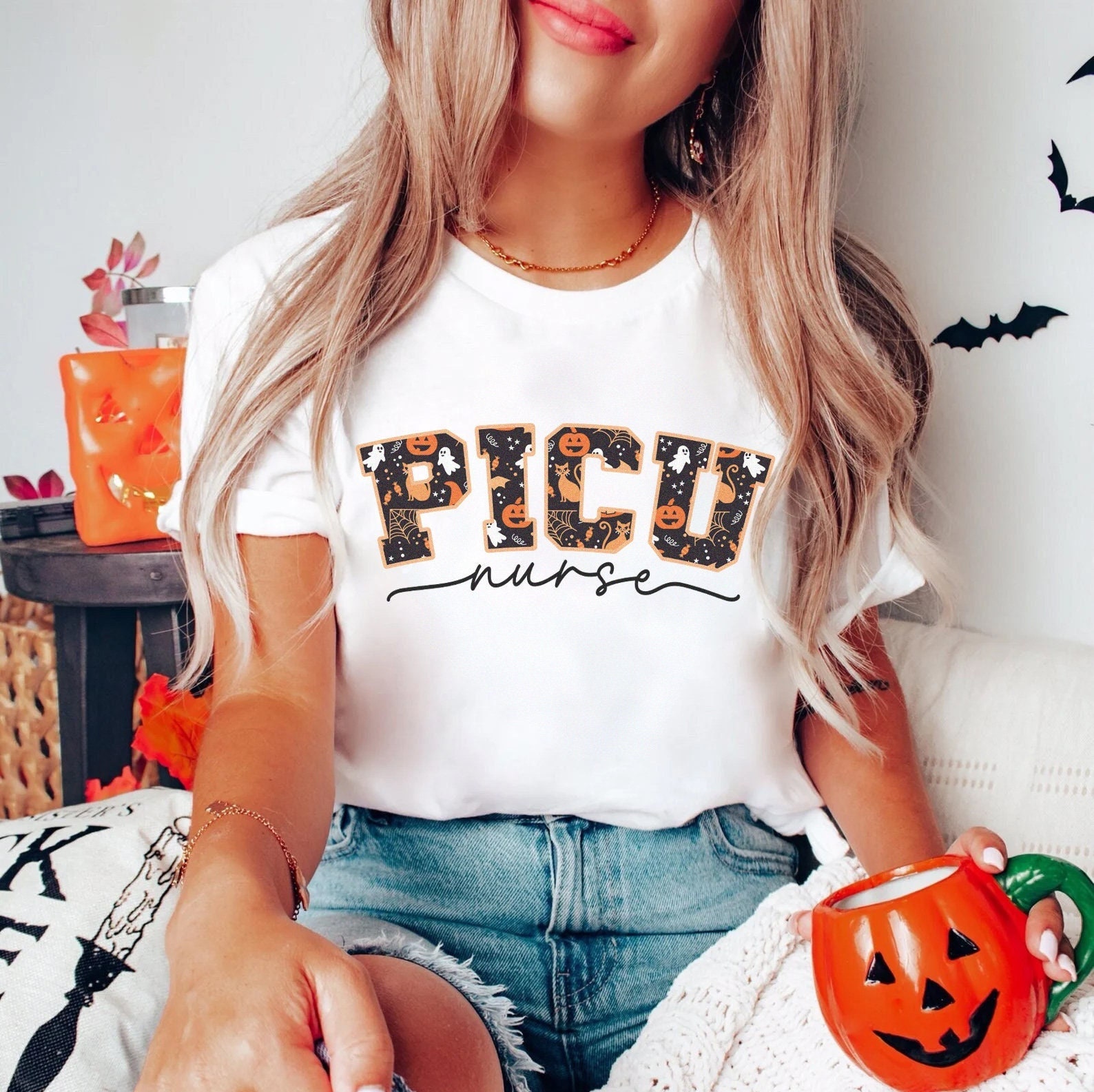 PICU Nurse Halloween Shirt | Pediatric Unit RN Tshirt, Halloween Nursing aid assistant Hospital Party T-Shirt, Spooky Fall College Varsity