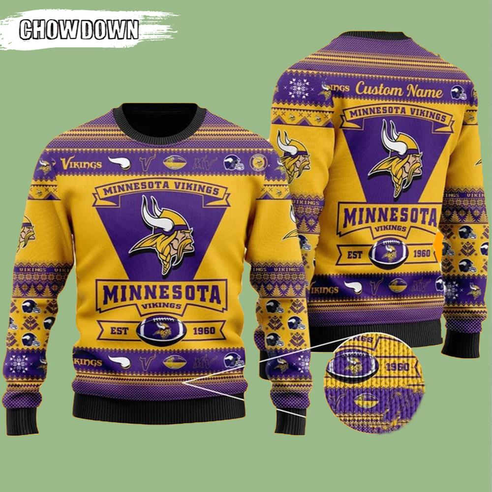 Minnesota Vikings Gift For Fan Ugly Wool Sweater Christmas Football Team Logo Custom Name