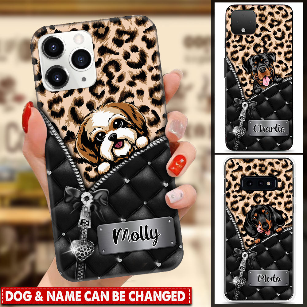 Personalized Dog Mom Puppy Pet Dogs Lover Zip Leopard Phone Case, Dogs Lover, Cute Phone Case