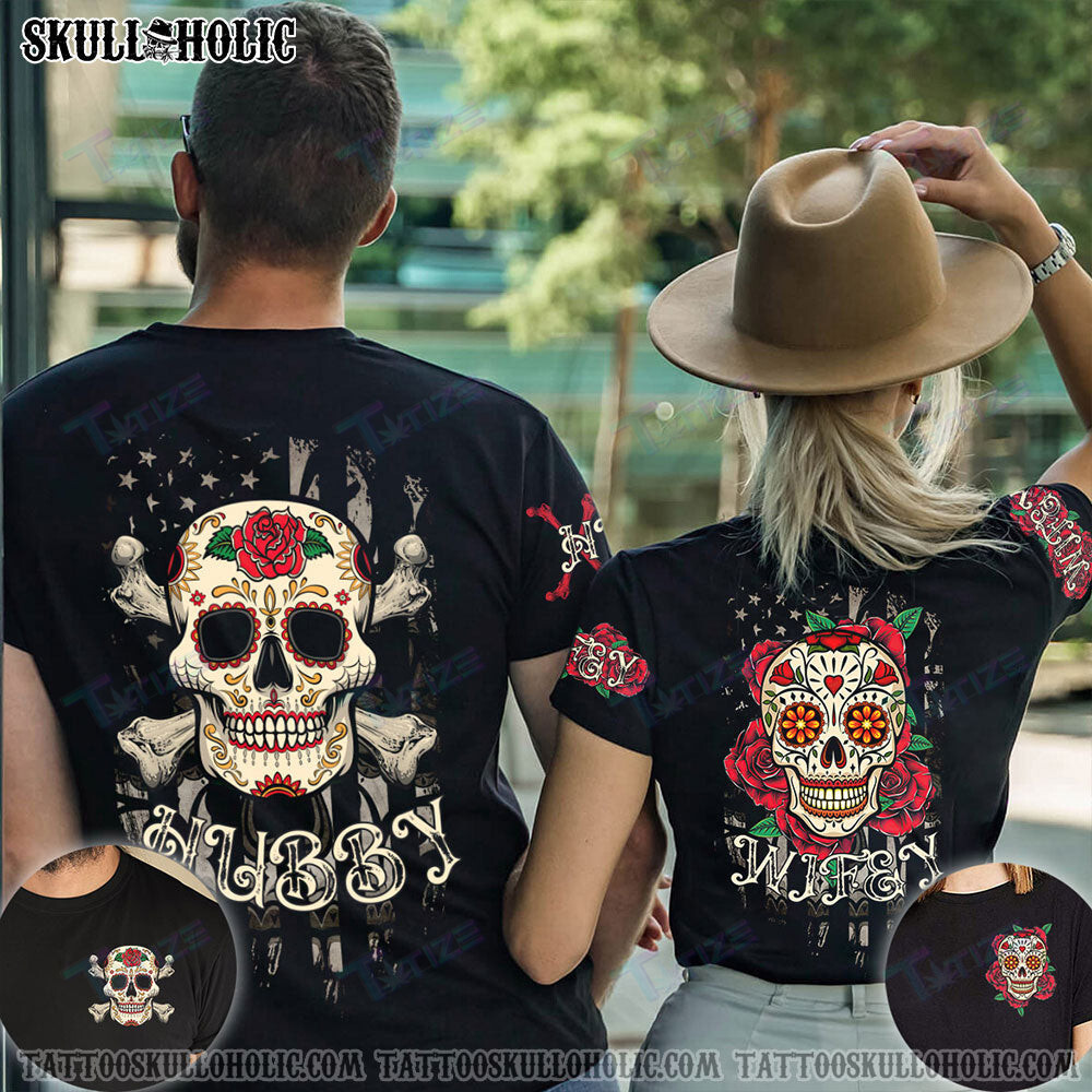 Matching Couple Shirt Wifey Hubby Sugar Skull Couple 3D All Over Printed Shirt, Sweatshirt, Hoodie, Bomber Jacket Size S – 5Xl