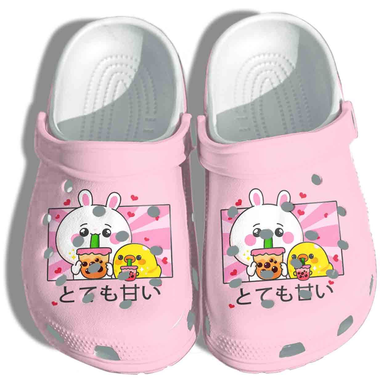 Kawaii Cute Anime Japan Bunny Shoes Crocs – Bunny And Duck Drinking Bubble Tea Clog Birthday Gift Girl Daughter Friend