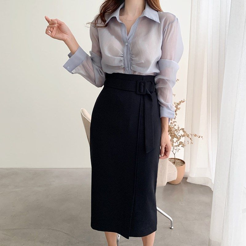 Woman Skirts Skirt Women’s Autumn Belt High-Waisted Skirt Slit Skirt Mujer Faldas Saias Mulher alx