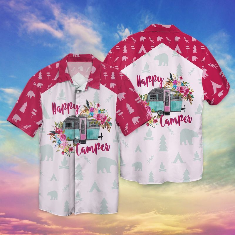 Happy Camper Bus And Flowers For Men Women Graphic Print Short Sleeve Hawaii Casual Shirt Ha24887