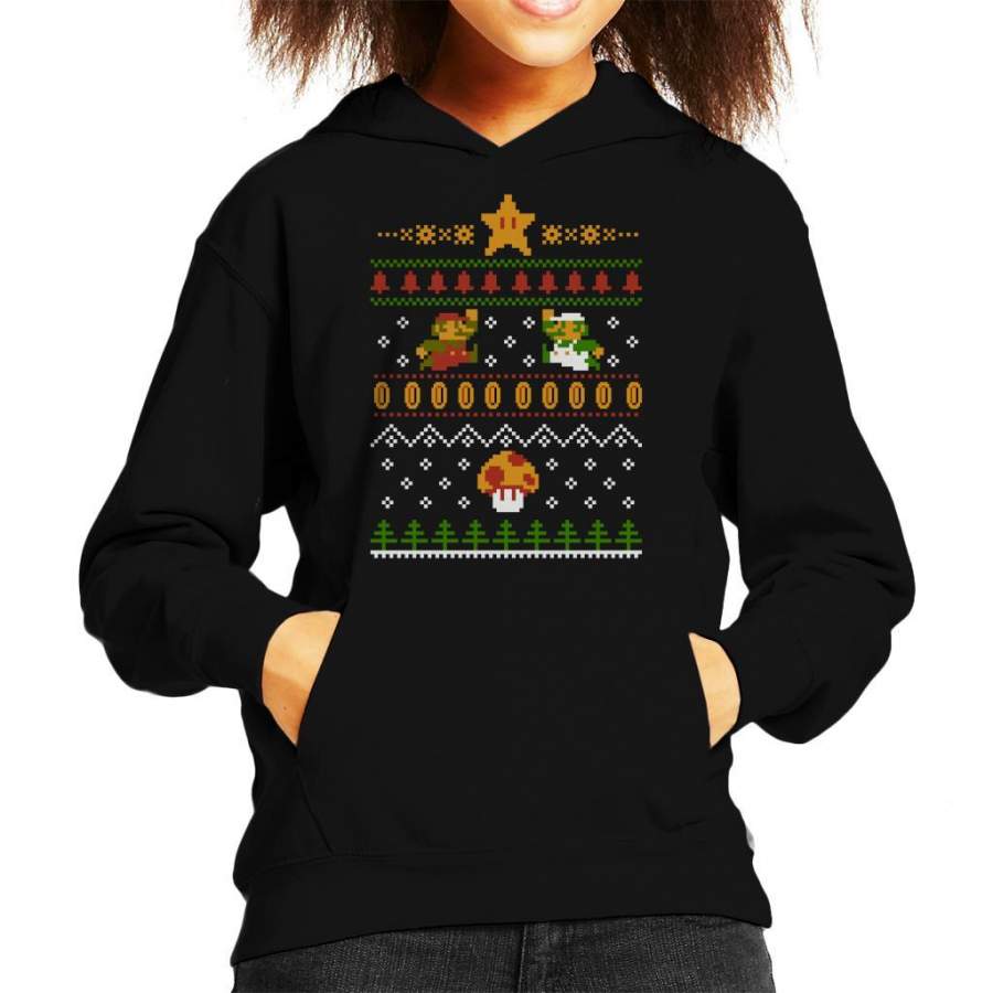 Super Mario Christmas Knit Pattern Kid’s Hooded Sweatshirt