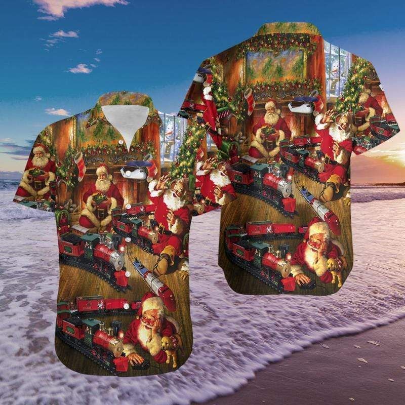 Shop Funny Santa Claus Playing Train Hawaii Shirts Ha96359