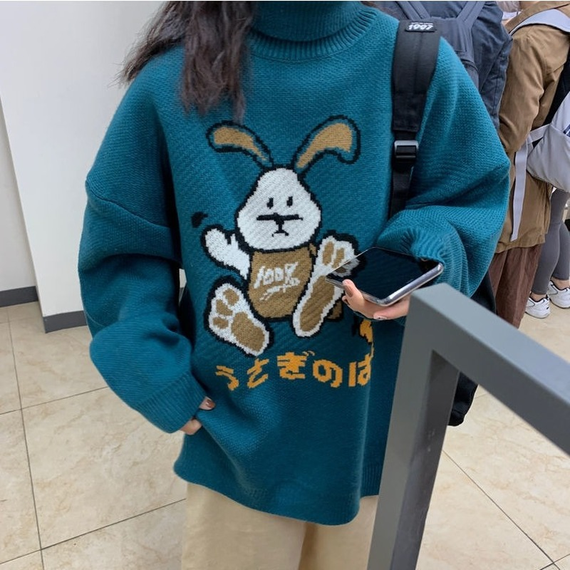 Deeptown Kawaii Rabbit Print Blue Oversize Sweater Women Korean Style Harajuku Cute Turtleneck Jumper Female Pullover Ugly Tops alx