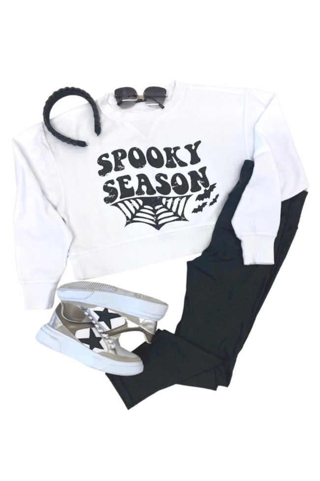 Batty Spooky Season White Cropped Corded Graphic Sweatshirt