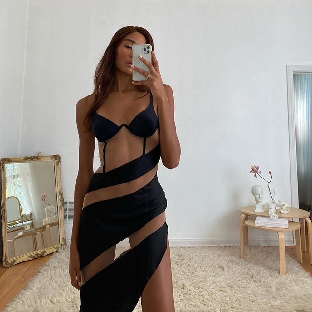 Summer Beach Mesh Slip Backless Irregular Dress Women Sexy V-neck See Though Fashion Outfits Female Club Party Dress 2022 Female alx