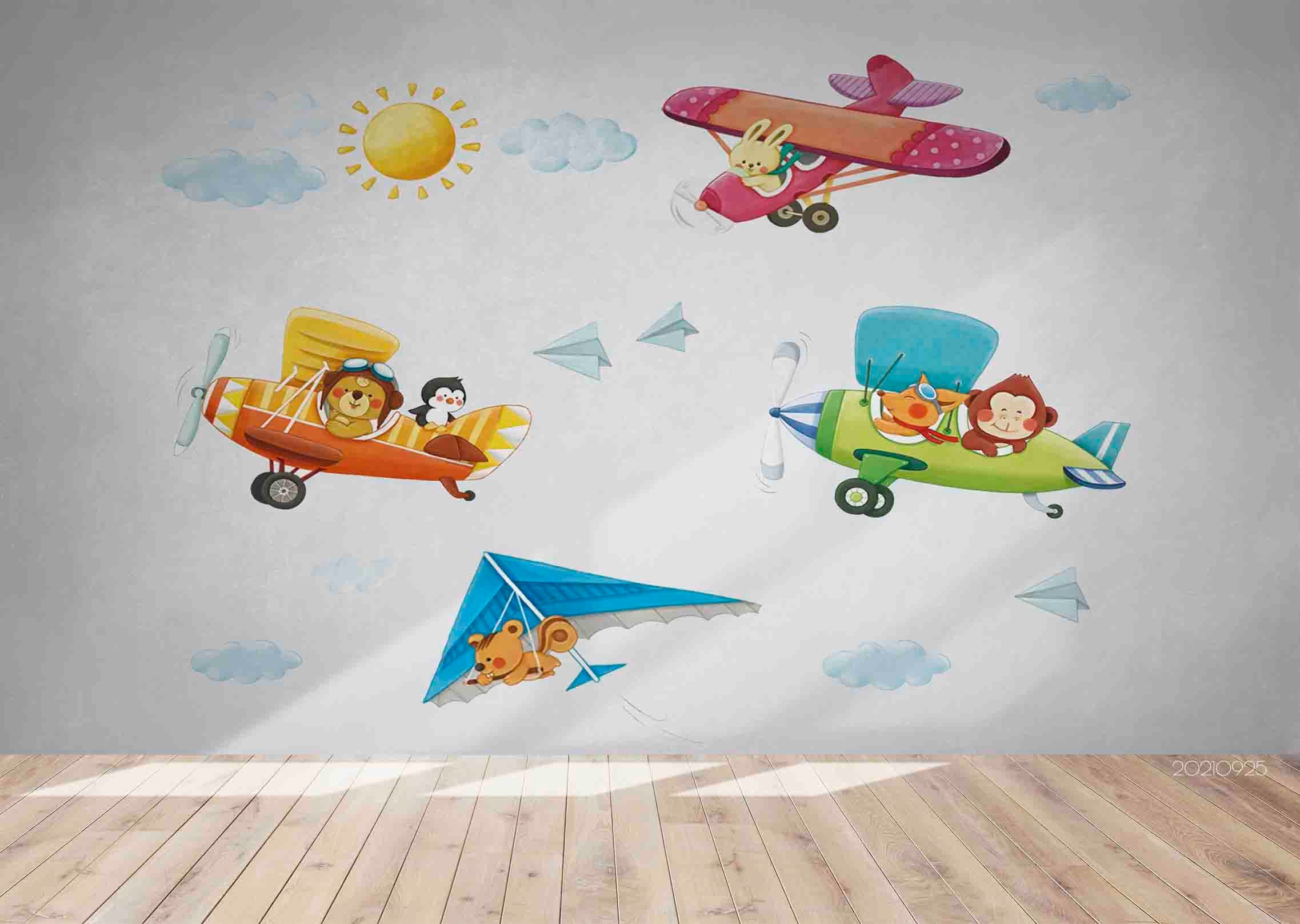 3D Cartoon Sun Airplane Animal Wall Mural Wallpaper Lqh 244