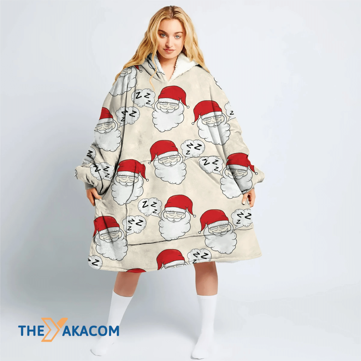 Hand Drawn Sleeping Santa Claus Pattern Xmas Themed Hoodie Blanket