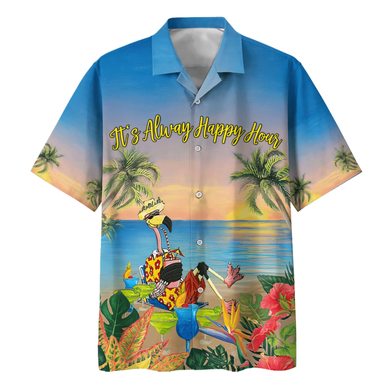 Flamingo Alway Happy Hour Print Short Sleeve Hawaii Casual Shirt Ha4894