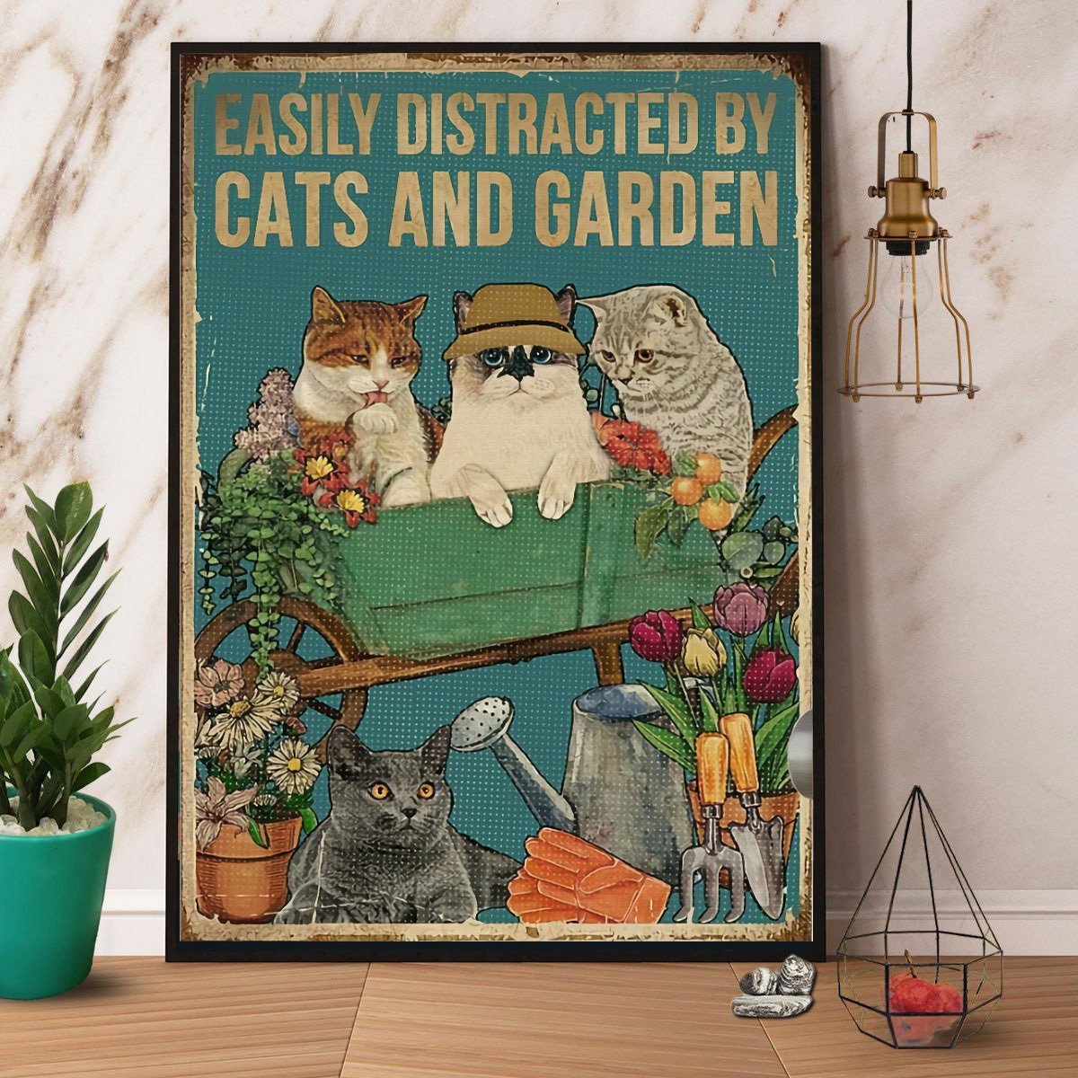 Cat Vintage Easily Distracted By Cats And Garden Paper Poster No Frame Matte Canvas Wall Decor