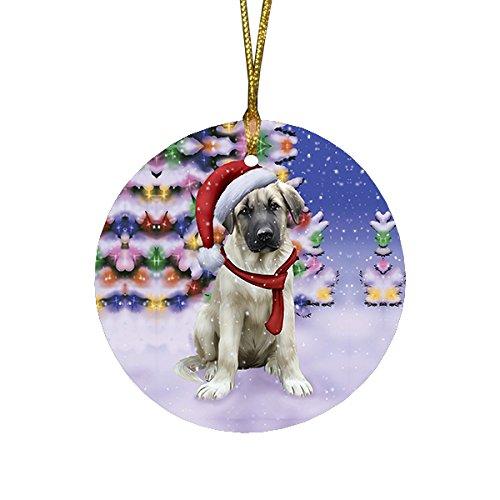 Winterland Wonderland Anatolian Shepherds Puppy Dog In Christmas Holiday Scenic Background Round Ornament